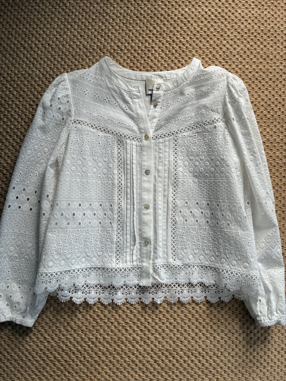 INDUSTRY white eyelet, button front blouse.